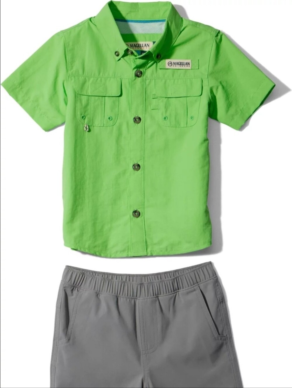 Magellan Outdoors Bright Green Short-Sleeve Button-Front Kids W/shorts 5/6 NWT